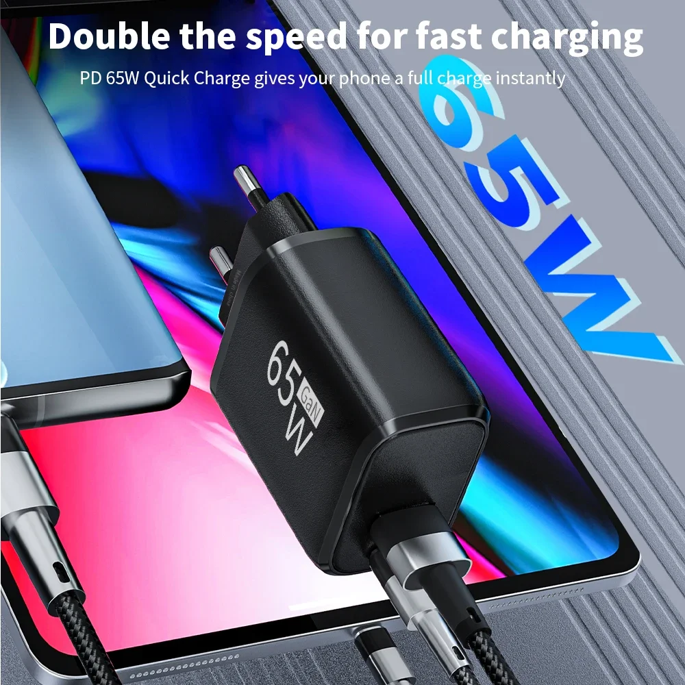 PD 65W GaN 2-in-1 USB Charger – Dual Port Type-C Fast Charging Wall Adapter with EU/US Plug for iPhone, Samsung, Xiaomi, Huawei - Image 5