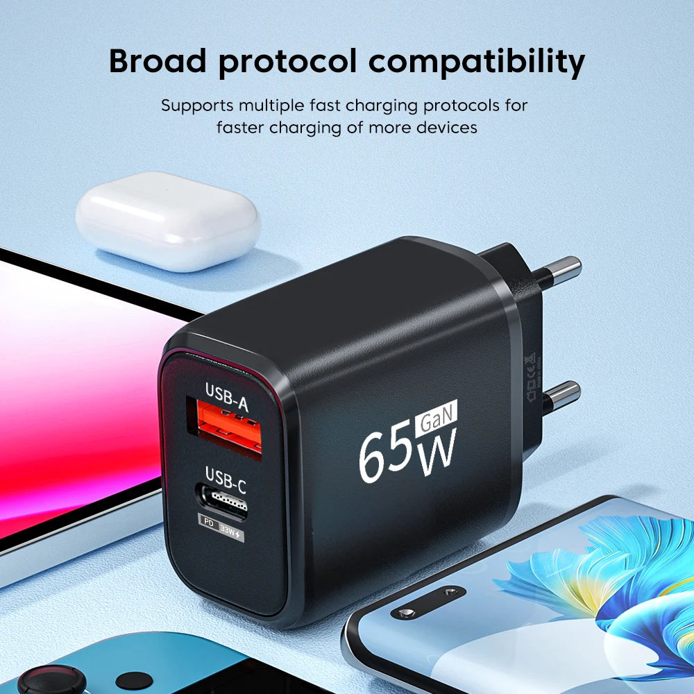 PD 65W GaN 2-in-1 USB Charger – Dual Port Type-C Fast Charging Wall Adapter with EU/US Plug for iPhone, Samsung, Xiaomi, Huawei - Image 3