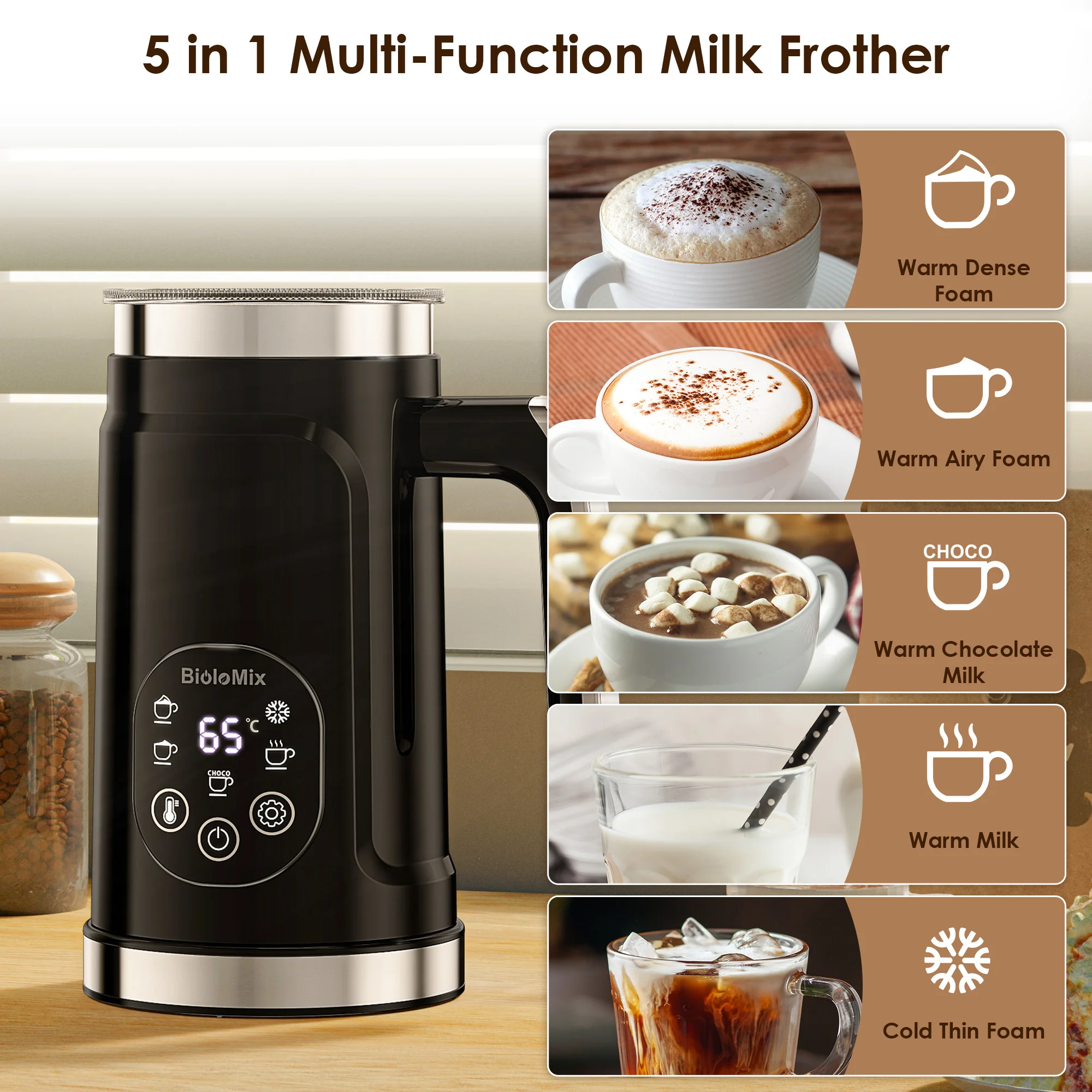 BioloMix 5-in-1 Milk Frother – LED Touch Screen Display, Hot & Cold Foam Maker, Milk Warmer for Coffee Latte, Cappuccino - Image 4