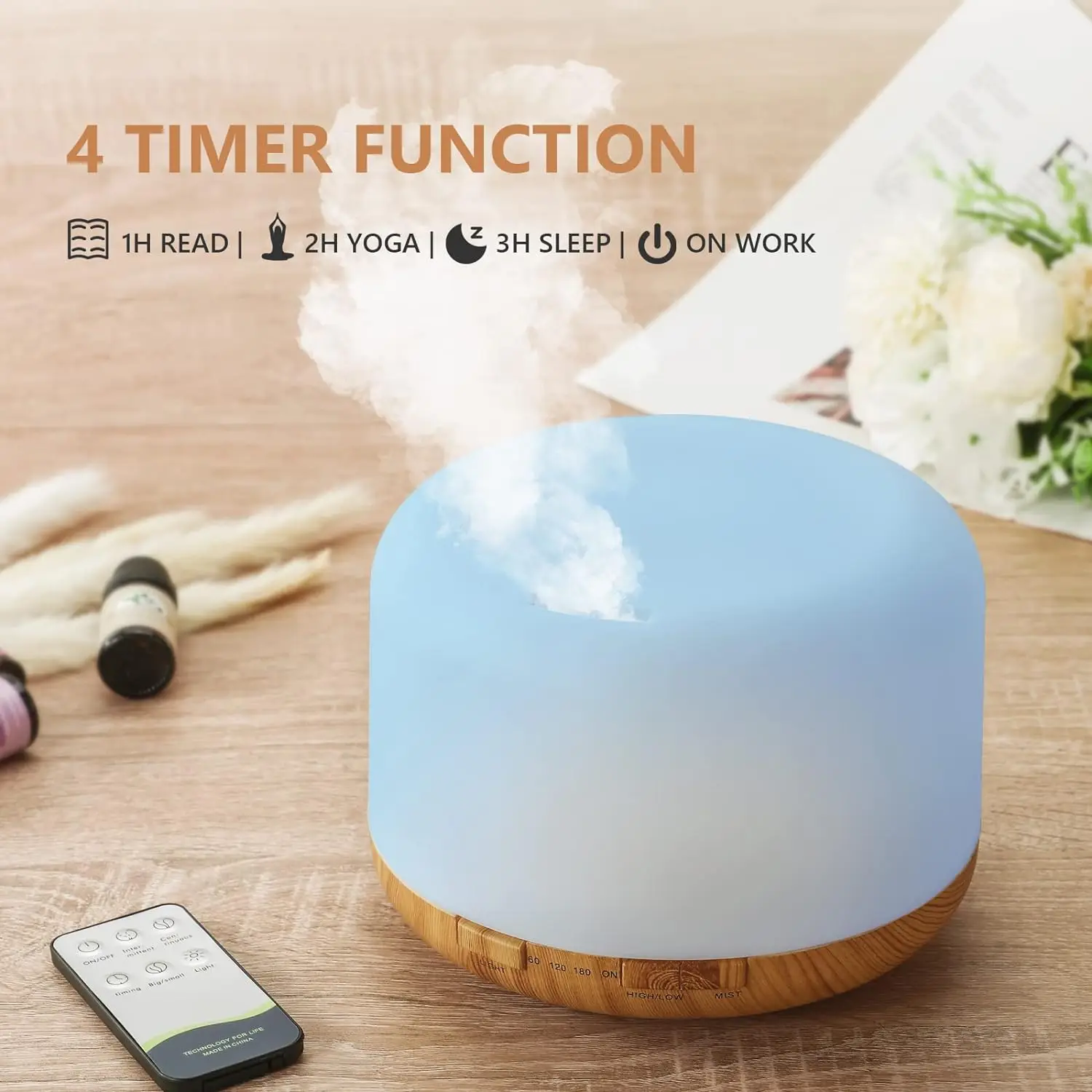 500ml USB Wood Grain Aroma Diffuser – Essential Oil Diffuser & Humidifier with Remote Control, Colorful Night Lights for Home & Office - Image 3