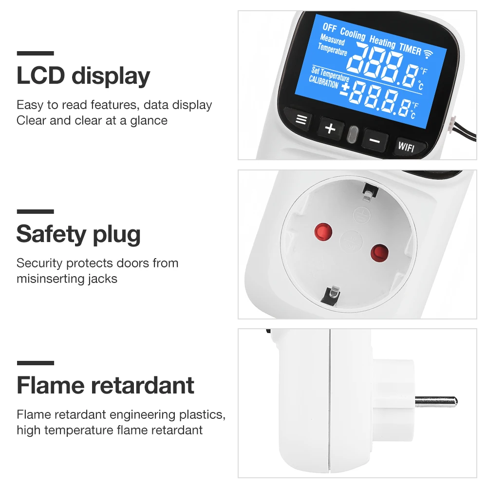 Tuya WiFi Thermostat Switch Socket – Plug-in Temperature Controller with Timer Outlet, LCD Display, for Heating/Cooling (EU/US/UK/FR/AU Plug) - Image 6