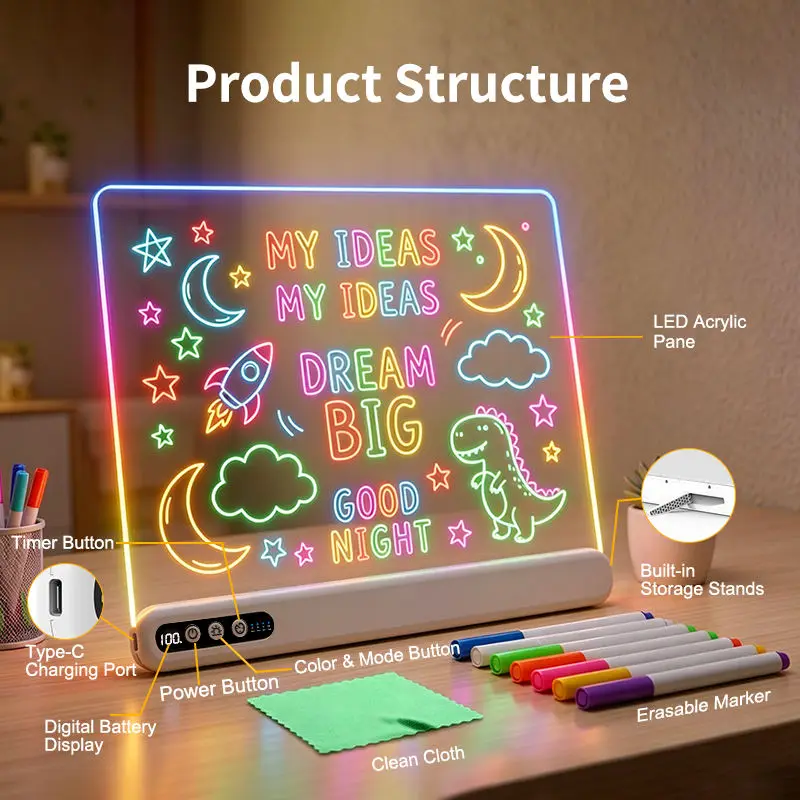 Elice LED Drawing Board for Kids – Rechargeable Acrylic Neon Board with Timer, 7 Colors, Stepless Dimming, Built-in Stand & Battery Display - Image 2