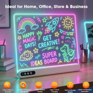 Elice LED Drawing Board for Kids – Rechargeable Acrylic Neon Board with Timer, 7 Colors, Stepless Dimming, Built-in Stand & Battery Display