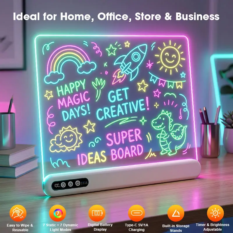 Elice LED Drawing Board for Kids – Rechargeable Acrylic Neon Board with Timer, 7 Colors, Stepless Dimming, Built-in Stand & Battery Display